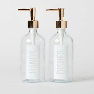 NWT Clear Rose Gold Set of 2 Glass Pump Soap Dispensers (Dishes/Hand)